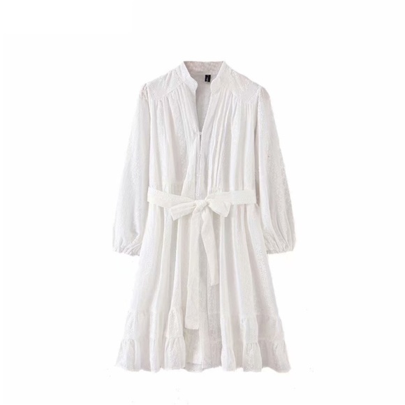 Boho Balloon Long Sleeve V neck Lace Ruffle Dress - Picture 3 of 5